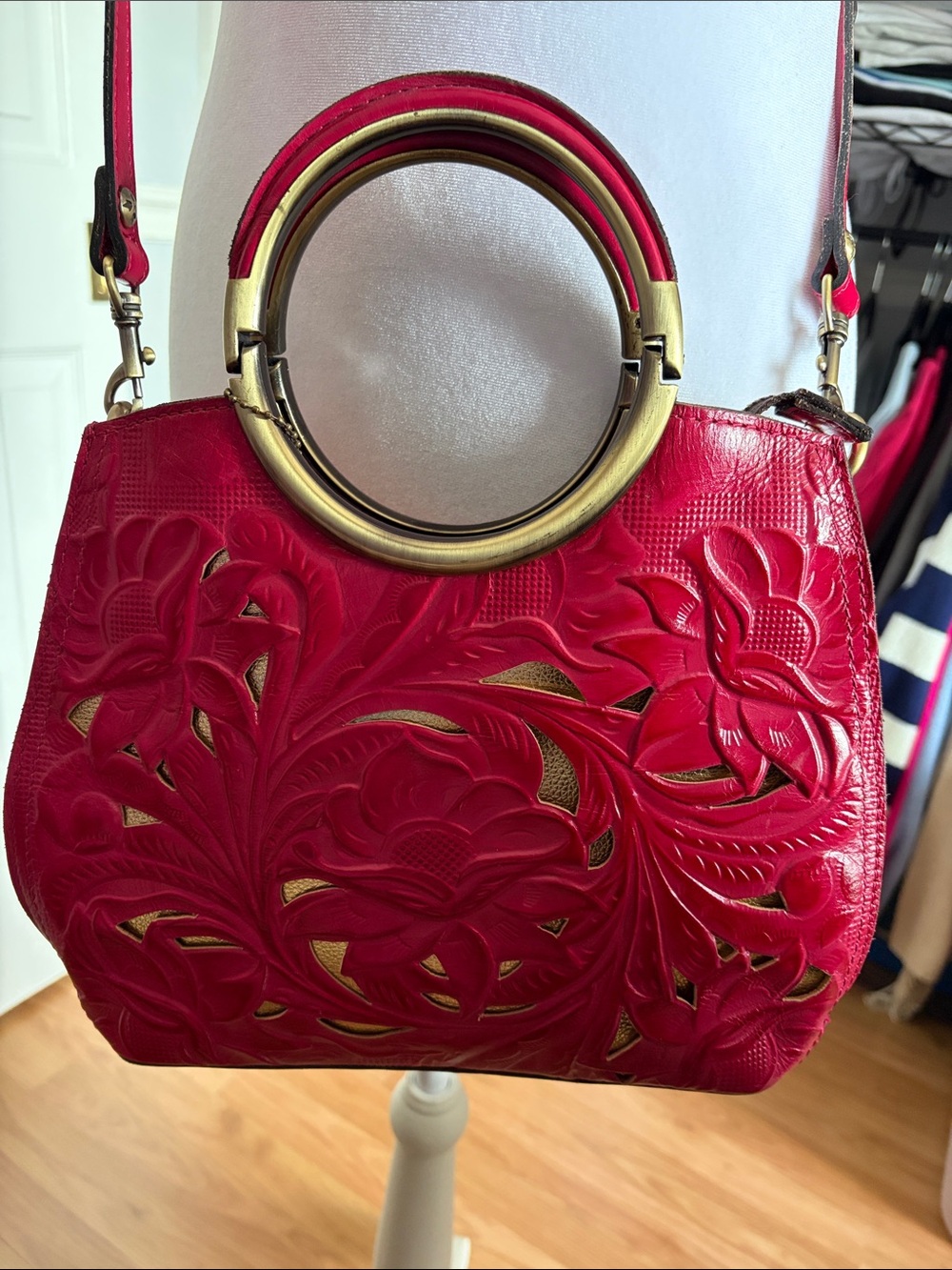 Patricia Nash Tooled Deep Red Leather Bag with Gold Interlay and Brass Handles